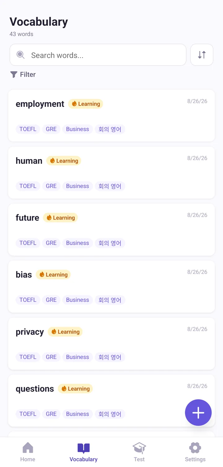 Vocabulary list screen organized by tags