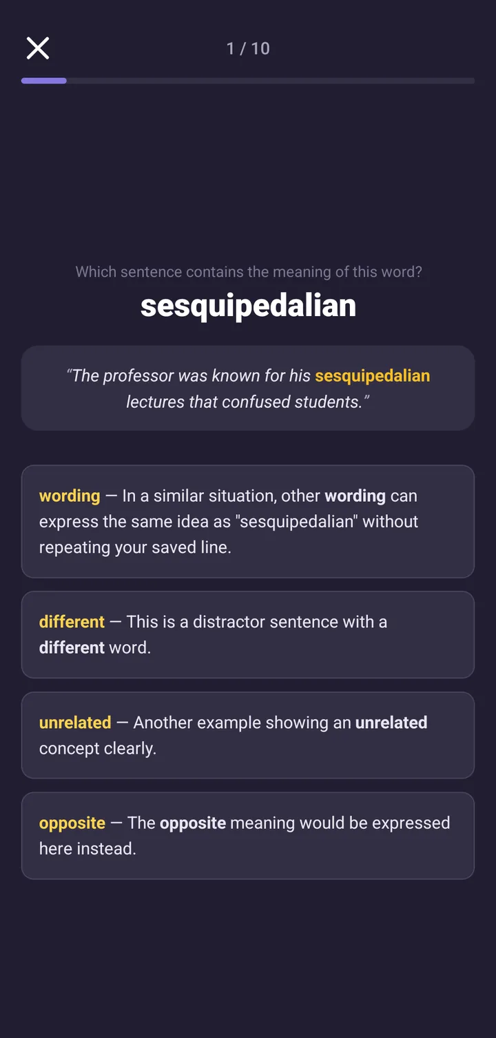 Quiz screen comparing similar sentences to choose the right answer
