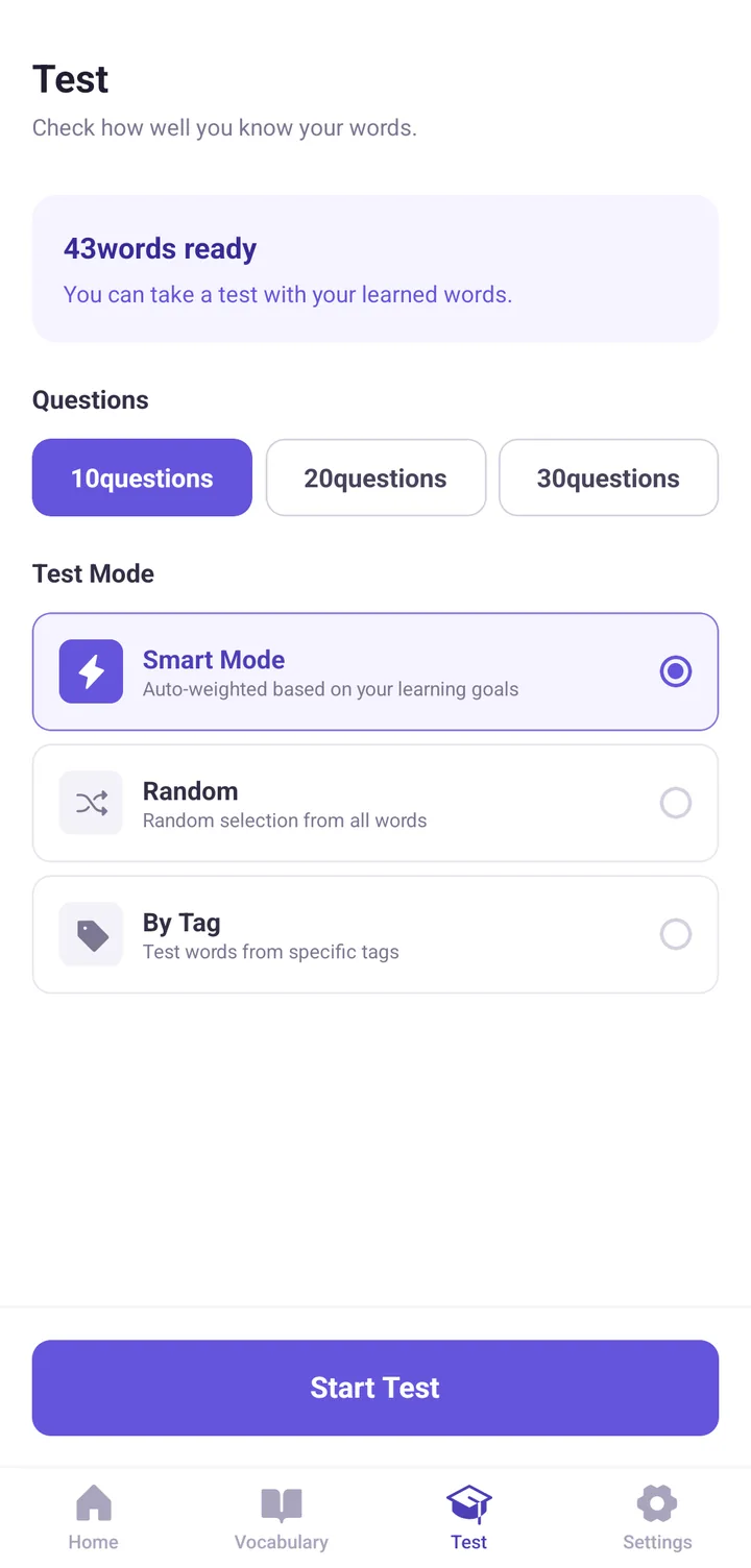 Screen for setting quiz difficulty and mode based on your accuracy